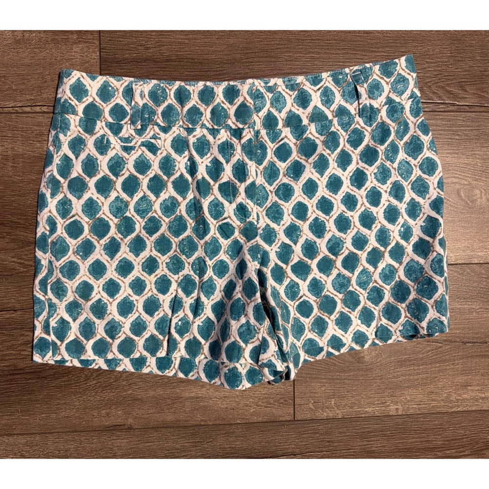 Ann Taylor LOFT The Riviera Short Teal White Geometric Linen Blend Women Size 6